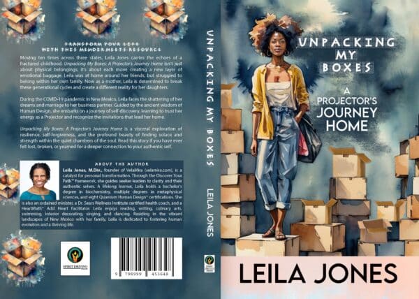 Unpacking My Boxes full cover. Front cover showing a strong Black woman surrounded by boxes, with 5 of them open. Back cover showing about the book, about the author with photo of Leila Jones, and Spirit Driving Press logo.