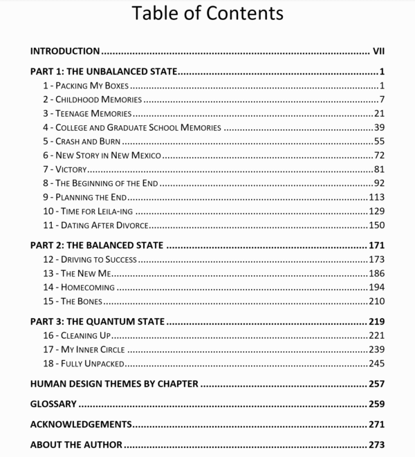Unpacking My Boxes book table of contents. 3 parts, 18 chapters, Human Design Themes by Chapter, Glossary, Acknowledgements, About the Author