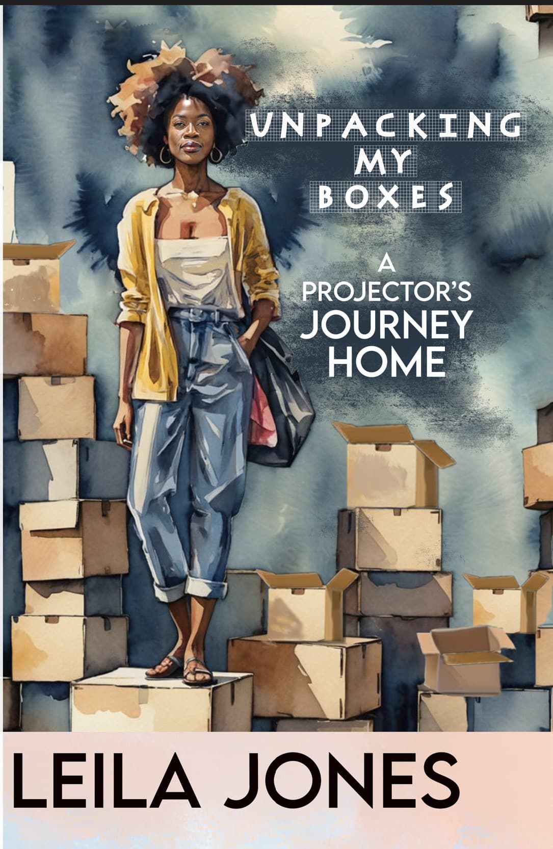 UMB_FlatCover Unpacking My Boxes book cover showing a strong Black woman surrounded by boxes, with 5 of them open.